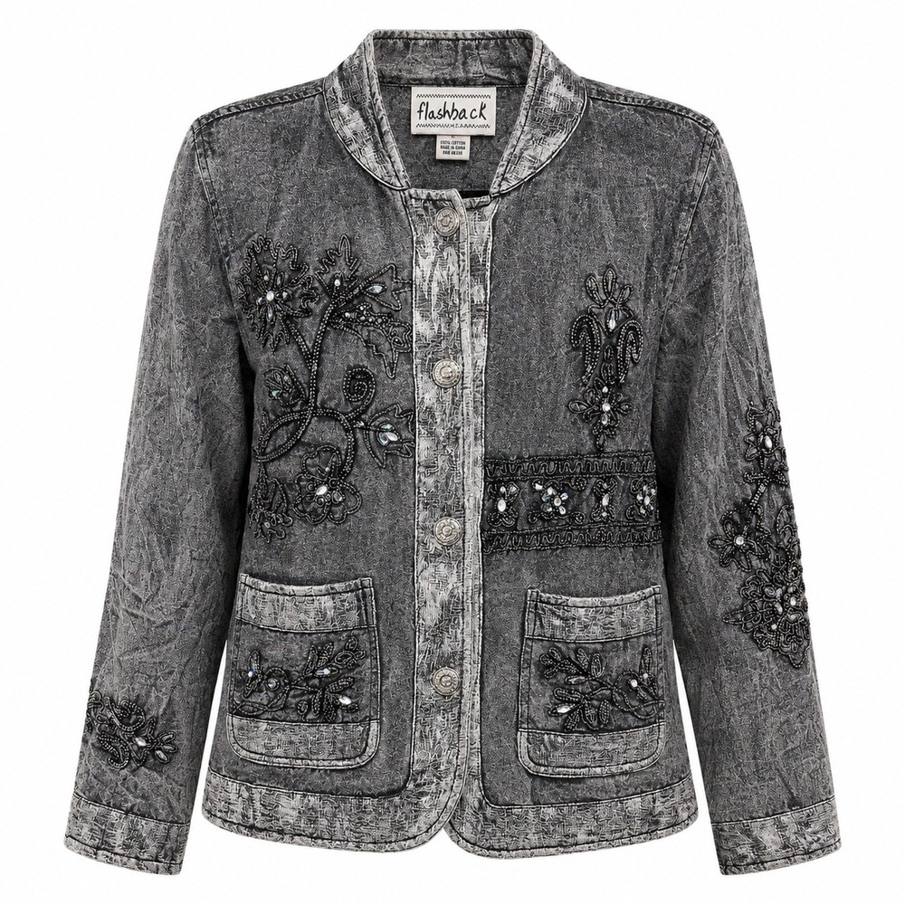 Flashback Indie Sleaze Denim Jacket Women Size S Boho Beaded Floral Whimsigoth